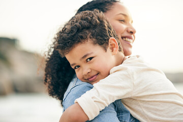 Poster - Hug, portrait and a mother and child at the beach for summer, holiday or happiness together. Smile, care and mom with a kid at the ocean for a vacation, bonding or travel in Costa Rica for love