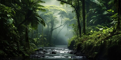Poster - Tropical forest with abundant green foliage.