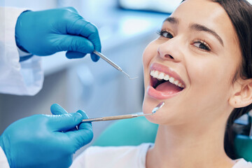 Wall Mural - Dental tools, dentist and portrait of woman for teeth whitening, service and consultation. Healthcare, dentistry and orthodontist with equipment for patient for oral hygiene, wellness and cleaning