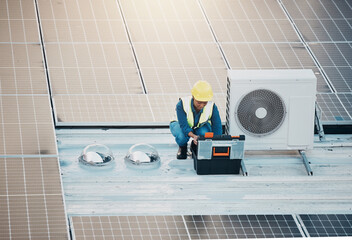 Poster - Air conditioner, roof and technician man tools, maintenance and solar panel, electrical power generator or energy saving. Electrician person or contractor for ac repair, electricity check or services