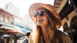 © banthita166 - person in the street. tourist woman with smile. urban city background