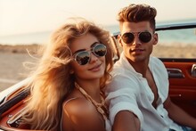 Young Attractive Couple Posing In Convertible Luxury Car