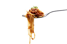 Spaghetti With Sauce Bolognese Hanging On A Fork Isolated On Transparent Or White Background, Png