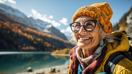 Wall Mural - smile of tourist. senior woman Looking Up to tourist attraction moutains and lake view background.  