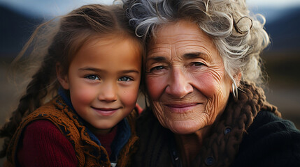 Grandmother and granddaughter looking at camera and smiling. Family concept and copy space