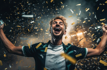 Wall Mural - Portrait of a happy male football sport player celebrating winning with confetti falling