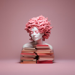 Wall Mural - A mannequin of a beautiful woman with books in shades of pink and red. A surreal composition about education, reading, knowledge and studying. One peaceful mind, for book lovers. Generative AI.