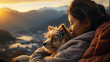 Sleepy Dog And Owner. Woman And Dog With Mountain And Lake View Background In The Morning. 