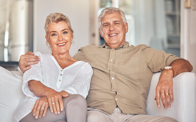 Wall Mural - Old couple on sofa, portrait and retirement together, love and care in marriage with people at home. Relax in living room, life partner and pension, man and woman bonding with trust and commitment