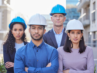 Aufkleber - Business people, architect and team in city for construction, leadership or architecture on site. Portrait of confident group of expert engineers with arms crossed in teamwork for building in a town