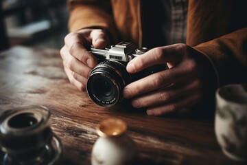 Close up male hands arms holding fixing old vintage camera hobby mechanical parts camera lens on table unrecognizable man repairman fix breaks it down into details photographer repair photo equipment