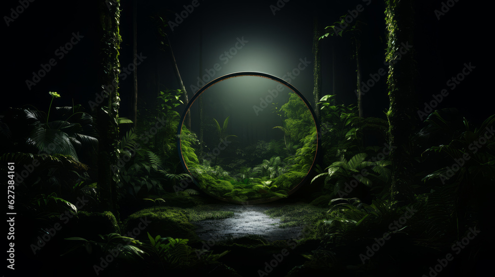 Round black frame in a dark rainforest. Inspired by nature. Natural green background for Empty show for packaging cosmetic  product presentation. Generative AI.