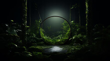 Round Black Frame In A Dark Rainforest. Inspired By Nature. Natural Green Background For Empty Show For Packaging Cosmetic  Product Presentation. Generative AI.