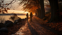 People Walking In The Woods During Sunset. Autumn Paysage. Autumn Landscape. Fall Landscape. Autumn. Fall. Melancholic Walk