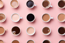 Top View Of Different Mugs With Assorted Coffee Varieties Isolated On Pastel Pink Background. Wallpaper With A Variety Of Coffee Drinks In Mugs. 3d Render Illustration Style. 