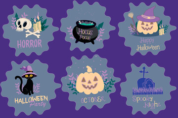 Wall Mural - Halloween stickers cartoons set design. Halloween Cat, pumpkin, skull, tombstone. Graphic images for posters, posters, flyers