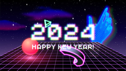 Poster - 2024 New Year sign with glitched glowing pixels and abstract 90s styled composition of 3D shapes. Winter holiday and year change symbol.