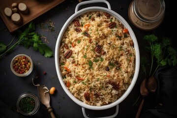 Wall Mural - Appetizing-looking pilaf, viewed from above, inviting viewers to imagine the taste and aroma of this traditional dish.