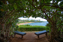 Shady Sitting Area With Benches And View Through The Trees Towards The Kapalua Resort In West Maui; Maui, Hawaii, United States Of America