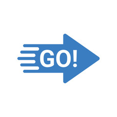 blue arrow icon with go word like action. concept of choice of direction or direction badge. abstrac