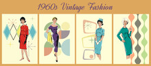 1960s Retro Style Woman Outlook Fashion Posters Set. Mid Century Modern Mode Vintage Illustration