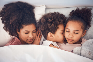 Wall Mural - Mother, children and sleeping in bed together at home for security, bonding and comfort. Healthy, peace and a woman and kids nap, dream and rest or relax in a bedroom with love, care and safety