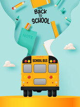School Bus 3D Art Style With School Supplies Vector Illustration