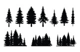 Fototapeta Las - Vintage different pine trees and forest silhouettes set isolated on white background vector illustration