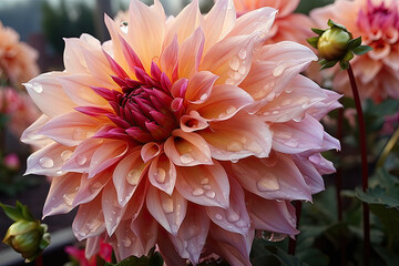 Aufkleber - Beautiful Dahlia ‘Café au Lait’ bloom with rain drops in rustic garden, close up. 