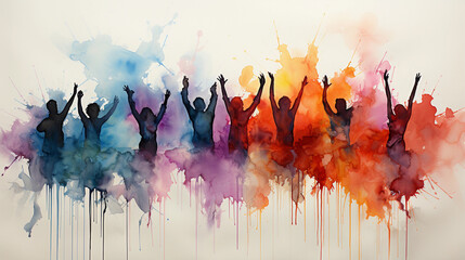 Wall Mural - silhouettes of people with hands up, watercolor style. Generative AI