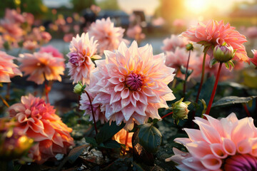 Dahlia flowers with rain drops in garden 