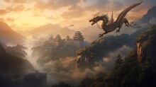 Chinese Dragon Flying Over Misty Mountains At Dawn. Dragon. Generative Ai