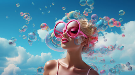 Fresh summer surreal composition with a beautiful blonde girl and a bright sunny blue sky and colorful soap bubbles in the background. Concept of happiness and relax. Generative AI.