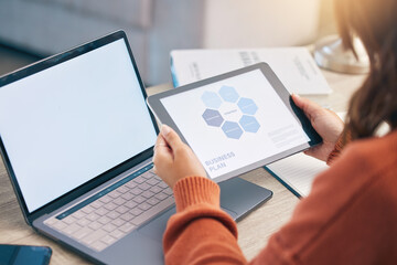 Poster - Closeup, business plan and woman with technology, brainstorming and screen with ideas, development and startup. Female person, laptop and entrepreneur with a tablet, connection and company growth