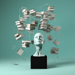 Wall Mural - A mannequin of a man with books in shades of blue, green and grey. A surreal composition about education, reading, knowledge and studying. One peaceful mind, for book lovers. Generative AI.