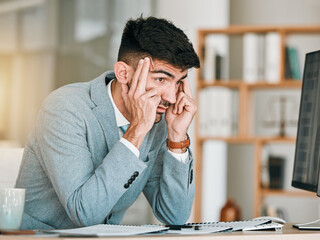 Aufkleber - Business man, headache and stress at office computer from auditor burnout at desk. Anxiety, 404 problem and tired corporate worker with tech and tax deadline and fatigue from brain fog at company