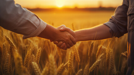 Poster - Two farmers shake hands in front of a wheat field.