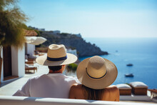 Couple Is Vacationing On A Greek Island. A Man And A Woman In Straw Hats Admire The Sea.