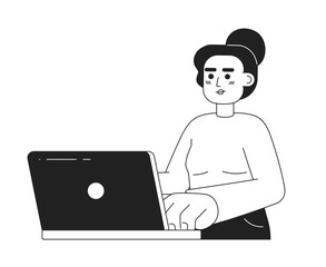 Poster - Pretty caucasian young woman with laptop monochromatic flat vector character. Editable thin line half body woman typing on keyboard on white. Simple bw cartoon spot image for web graphic design