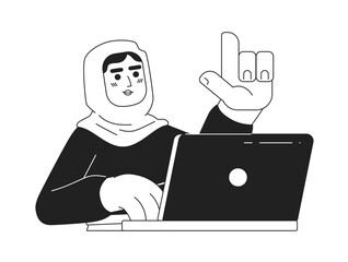 Poster - Muslim woman in hijab at workmonochromatic flat vector character. Editable thin line half body worker with computer on white. Simple bw cartoon spot image for web graphic design