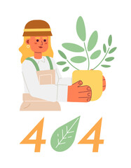 Poster - gardener with houseplant error 404 flash message. taking care of flower in pot. empty state ui desig