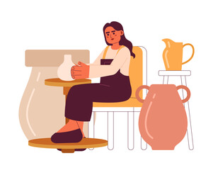 Poster - Pottery hobby 2D vector isolated spot illustration. Pottery and modeling workshop. Attractive flat indian woman create ceramic vase on white background. Colorful editable scene