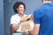 © Nadia L/peopleimages.com - Happy woman, package and delivery man by door for order, fast food or parcel in ecommerce at home. Female person or customer receiving paper bag, cargo or collection from courier guy by entrance