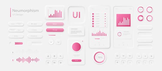 Fototapete - A set of user interface elements for a mobile application in white and pink style. User interface icons for the Internet, social networks and business. Vector illustration.