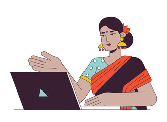 Poster - Indian woman professional with laptop flat line color vector character. Editable outline half body person on white. Hindu lady on web meeting simple cartoon spot illustration for web graphic design
