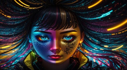 portrait of a woman with colored abstract hair, abstract colored portrait of a woman, portrait of a woman with colorful makeup, abstract Ultra HD colors, exotic colors