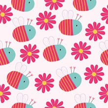 Seamless Pattern With Flowers And Bees