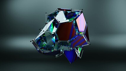 Poster - Loop 3D animation changing the structure of a mysterious crystal from a set of hexagonal segments and a crystal lattice. Fantastic composition, illustration of the technological process.