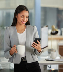 Aufkleber - Phone, coffee and business woman reading online, email communication or chat for HR or corporate networking. Professional worker, Human Resources employee or african person on mobile app in office