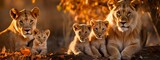 Fototapeta Zwierzęta - group of animals . Family of lions. Lion, lioness and lion cubs. Banner